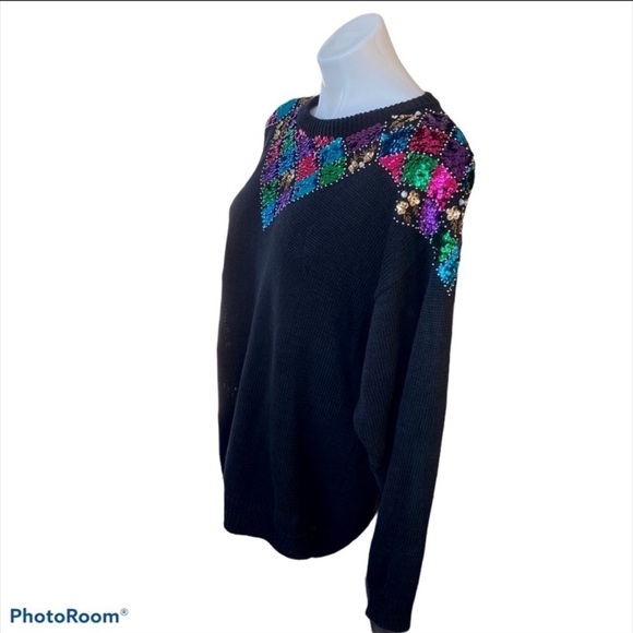 BONNIE EVANS Vintage 80’s Black Sequin Sweater Size M - Picture 5 of 8